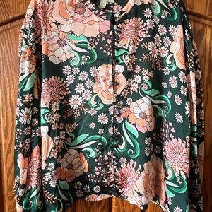 Floral Button-Up Blouse - Green and Pink